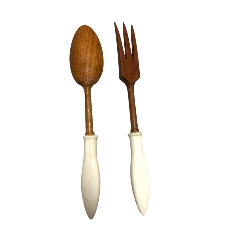 Ceramic Handle Wooden Spoon Fork Salad Set Farmer + Wife 11.5